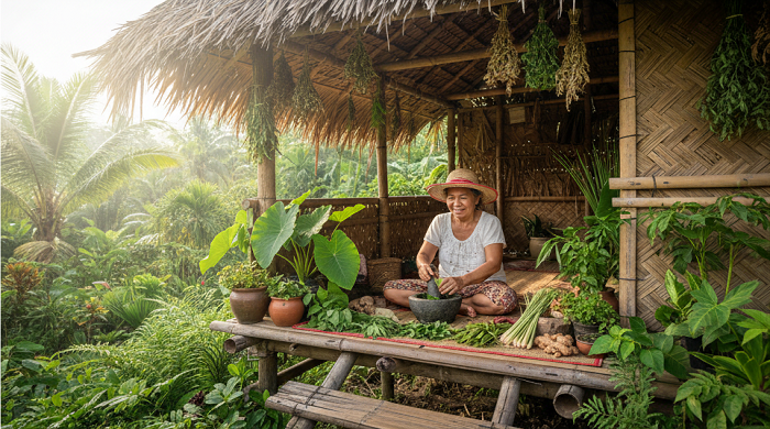 Traditional Filipino medicine healer using herbal plants in the Philippines.